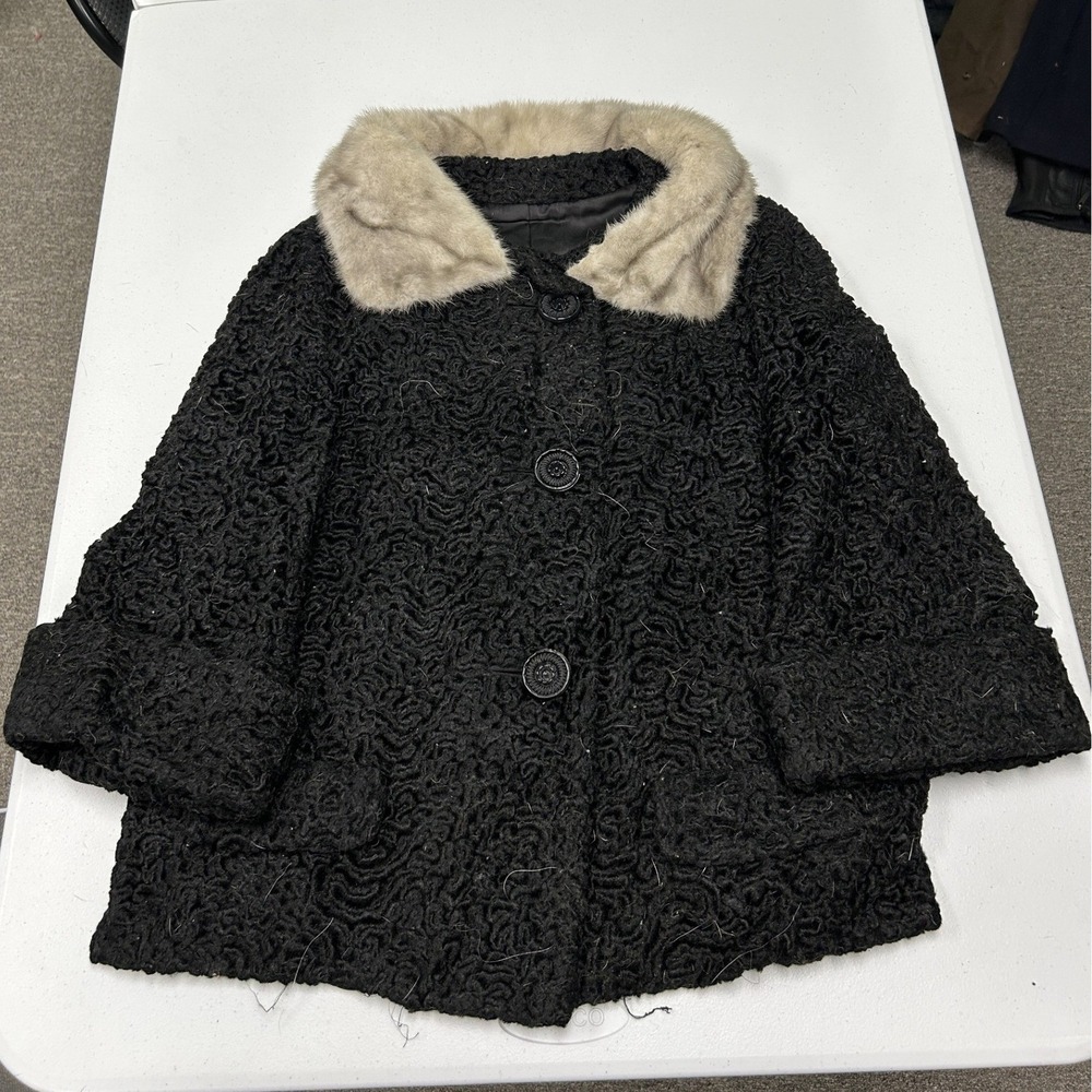 Astrakin Lepshire Faux Fur Coat Womens Medium Black Vintage Persian Lamb ILGWU